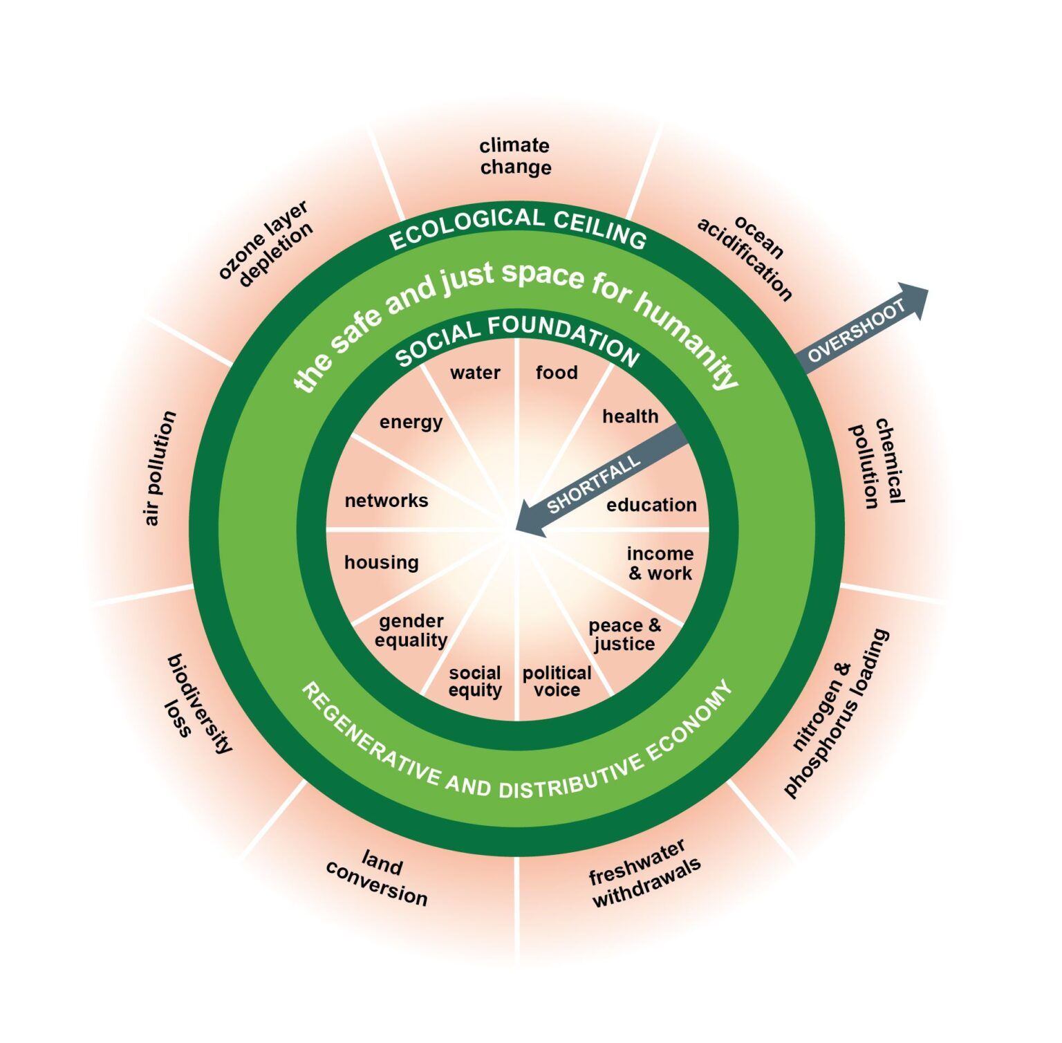 An illustration of the Doughnut Economics model representing a 'safe and just space for humanity' between an ecological ceiling and a social foundation. The outer ring, labeled 'ECOLOGICAL CEILING', lists environmental boundaries we should not exceed, including climate change, ocean acidification, chemical pollution, and biodiversity loss. The inner ring represents the 'SOCIAL FOUNDATION', with elements such as health, food, education, and gender equality that no one should fall short of. The area between the two rings, labeled 'REGENERATIVE AND DISTRIBUTIVE ECONOMY', denotes a sustainable space for economic development. Arrows indicate where we're in overshoot or shortfall of these boundaries.
